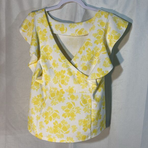 66-6 ANN TAYLOR white yellow floral lemon fruit flutter sleeves cross back top M - Picture 5 of 8